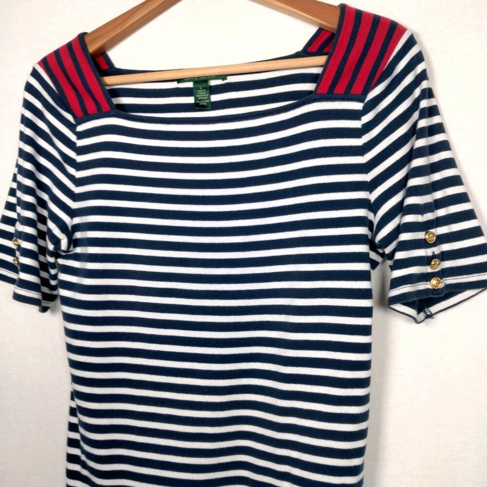 Lauren Ralph Lauren Shirt Women L Blue White Nautical Sailor Striped Gold Button